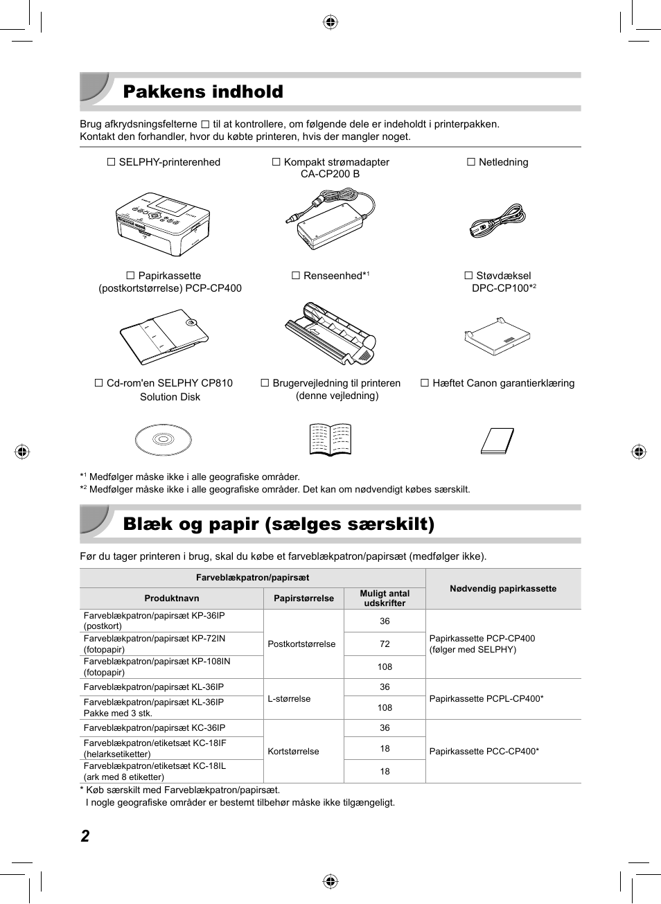 Pakkens indhold, Blæk og papir (sælges særskilt) | Canon SELPHY CP810 User Manual | Page 42 / 360