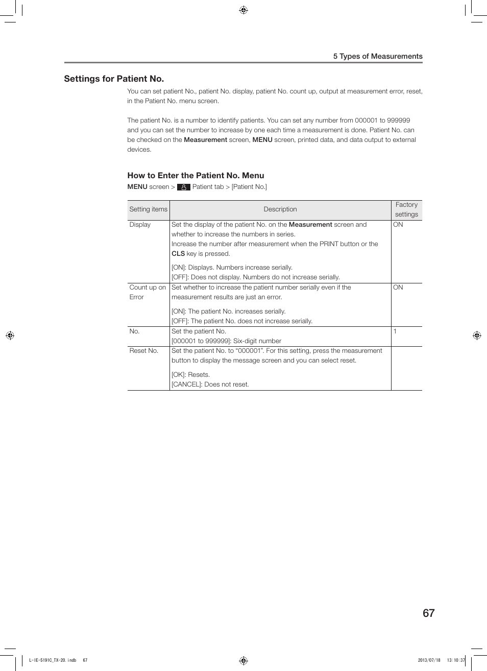 Settings for patient no | Canon TX-20 Full Auto Tonometer User Manual | Page 67 / 100