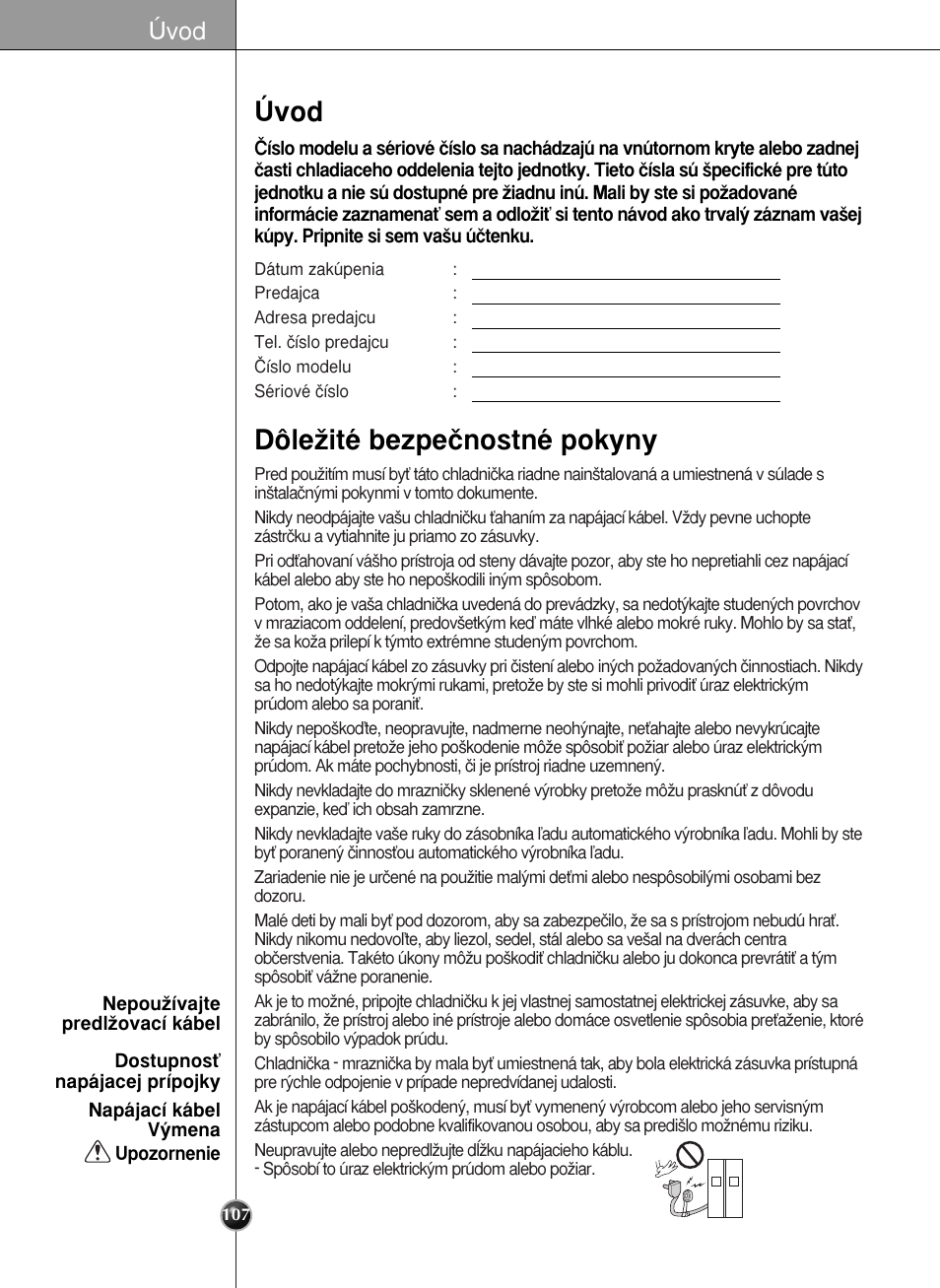 Úvod, Dôleïité bezpeãnostné pokyny | LG GR-L227YLQA User Manual | Page 107 / 132
