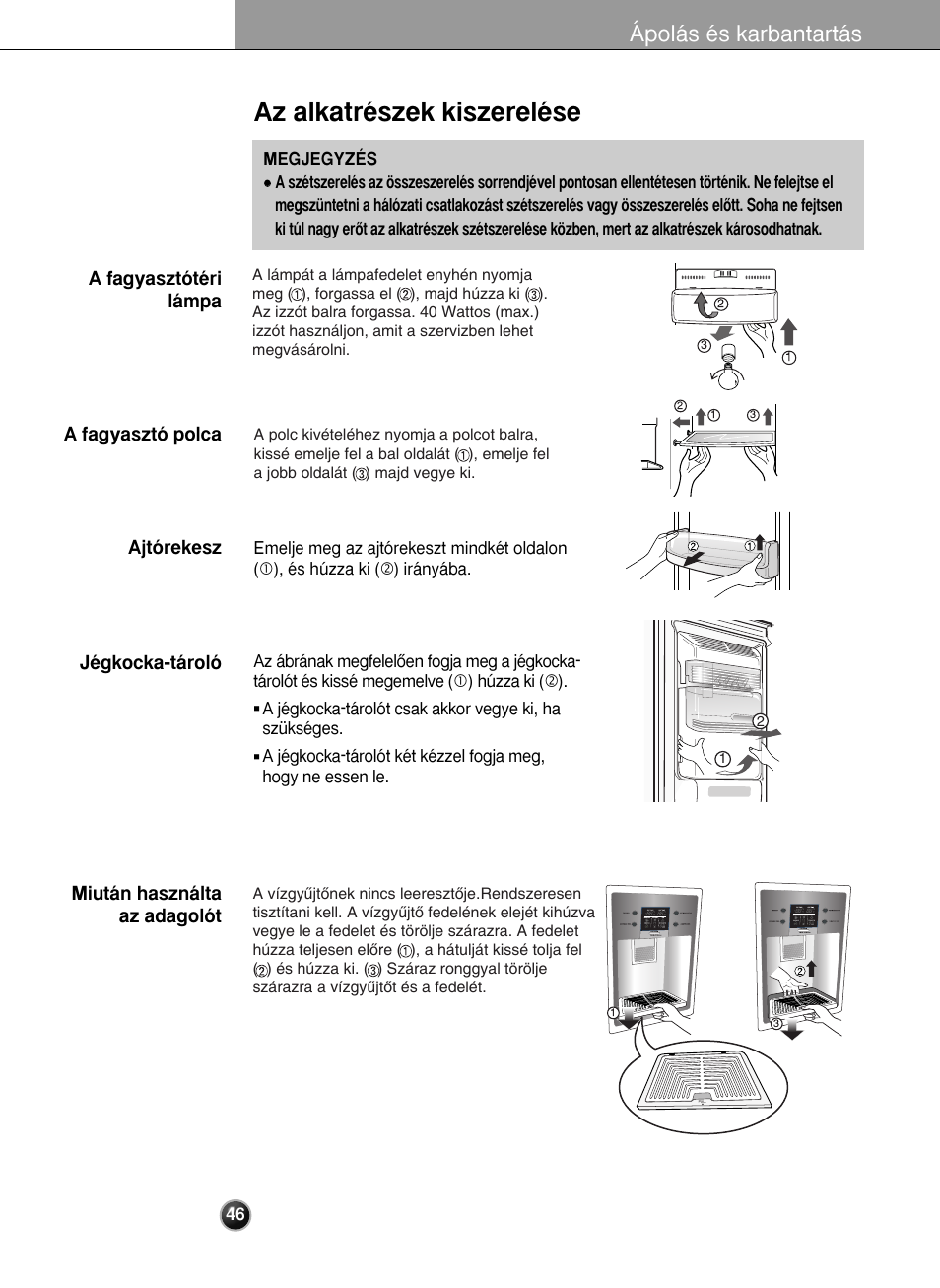 Az alkatrészek kiszerelése, Ápolás és karbantartás | LG GR-L227YLQA User Manual | Page 46 / 132
