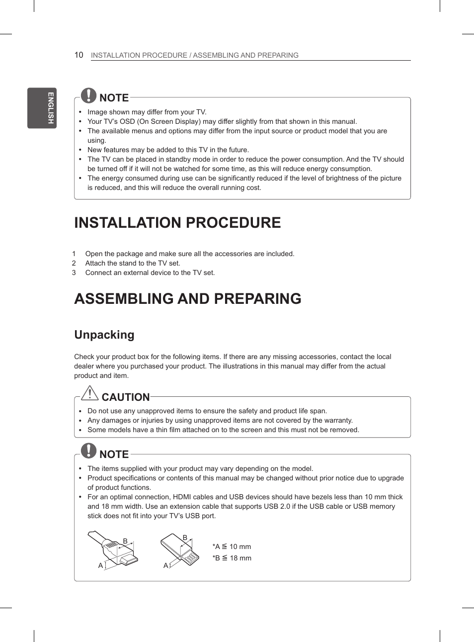 Installation procedure, Assembling and preparing, Unpacking | Caution | LG 42LS3400 User Manual | Page 18 / 397