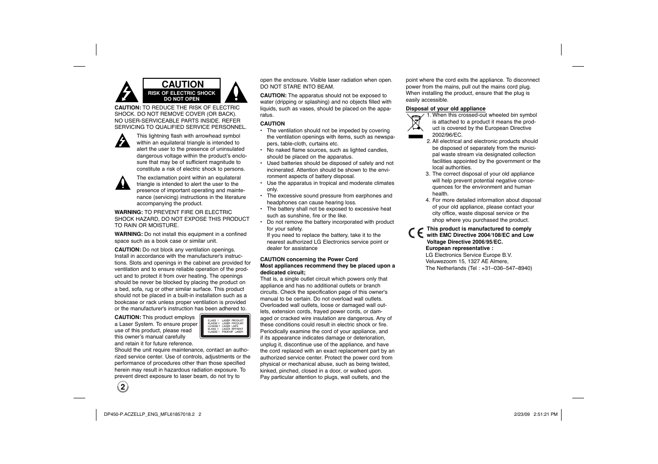 Caution | LG DP450P User Manual | Page 2 / 70