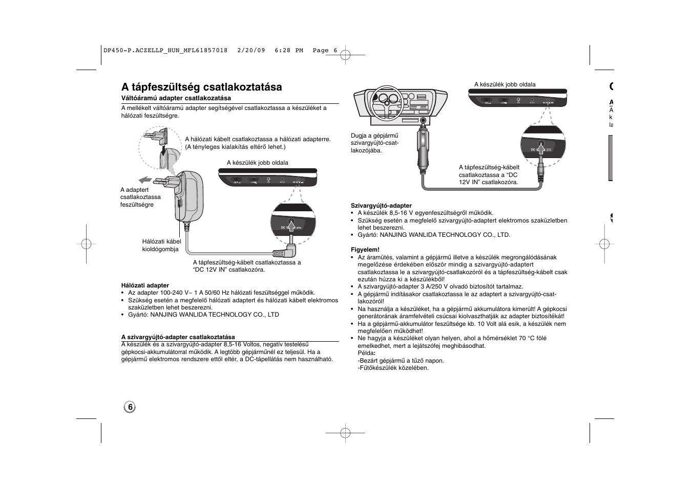 A tápfeszültség csatlakoztatása | LG DP450P User Manual | Page 48 / 70