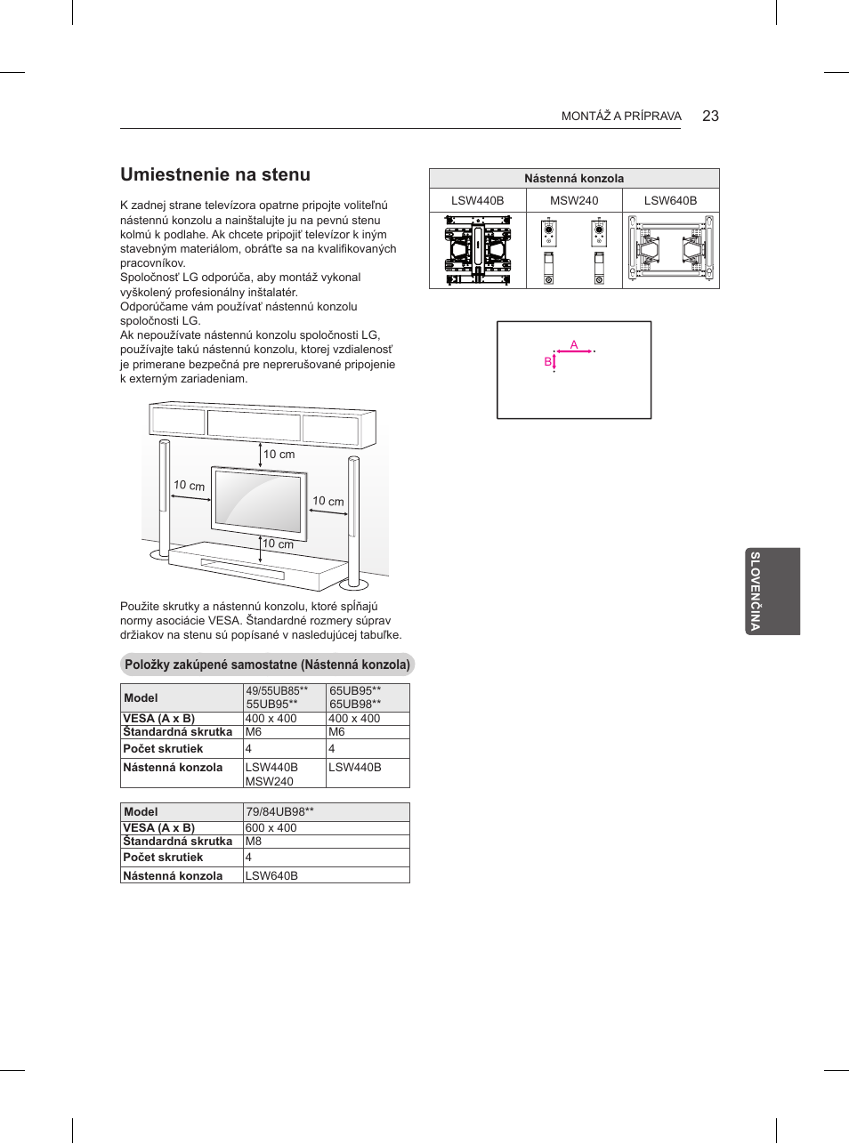 Umiestnenie na stenu | LG 84UB980V User Manual | Page 215 / 332