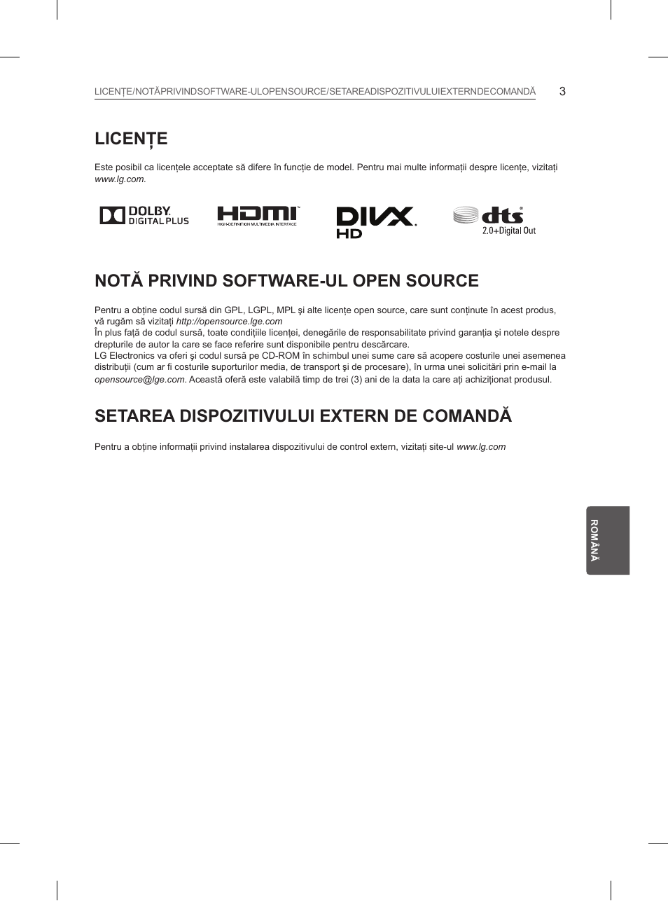Licenţe, Notă privind software-ul open source, Setarea dispozitivului extern de comandă | LG 84UB980V User Manual | Page 229 / 332
