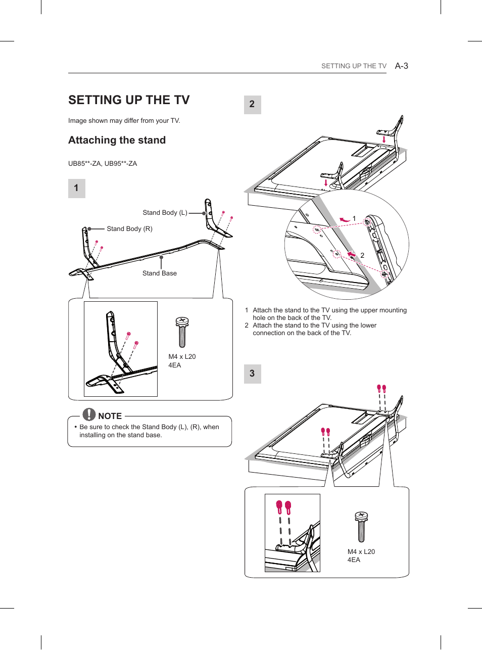 Setting up the tv, Attaching the stand | LG 84UB980V User Manual | Page 3 / 332