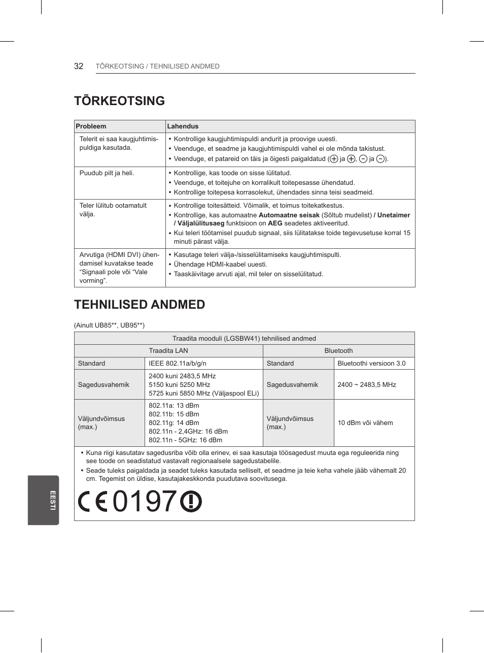 Tõrkeotsing, Tehnilised andmed | LG 84UB980V User Manual | Page 326 / 332
