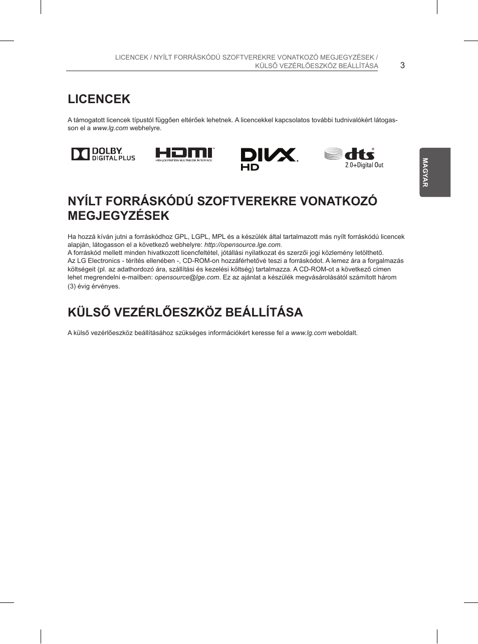 Licencek, Külső vezérlőeszköz beállítása | LG 84UB980V User Manual | Page 93 / 332