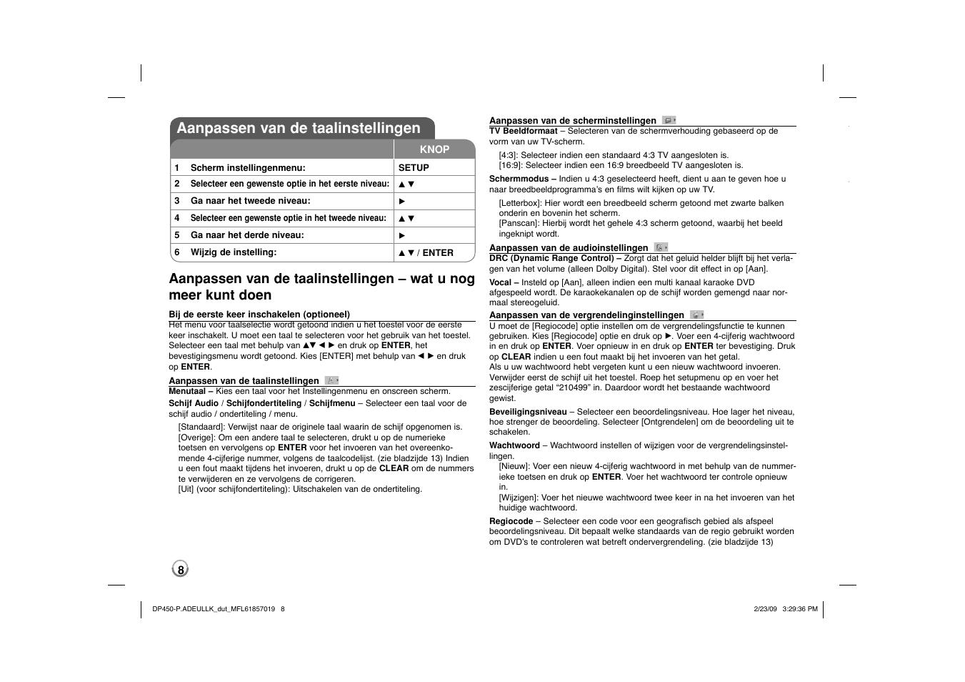 Aanpassen van de taalinstellingen | LG DP450 User Manual | Page 64 / 84