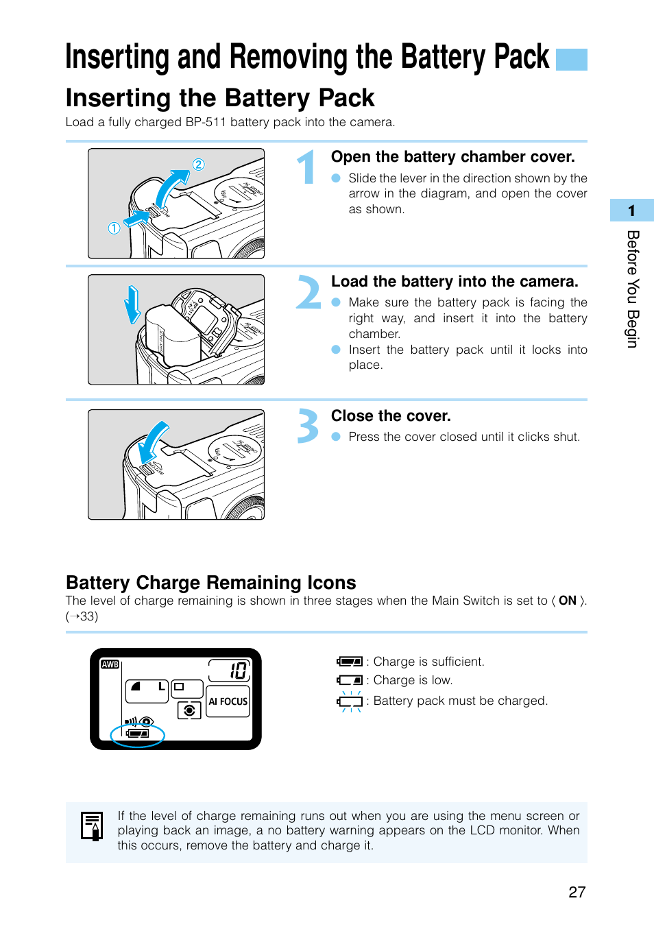 Inserting and removing the battery pack, Inserting the battery pack | Canon EOS D30 User Manual | Page 27 / 152