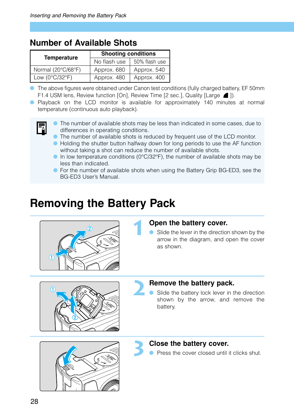 Removing the battery pack, Number of available shots | Canon EOS D30 User Manual | Page 28 / 152