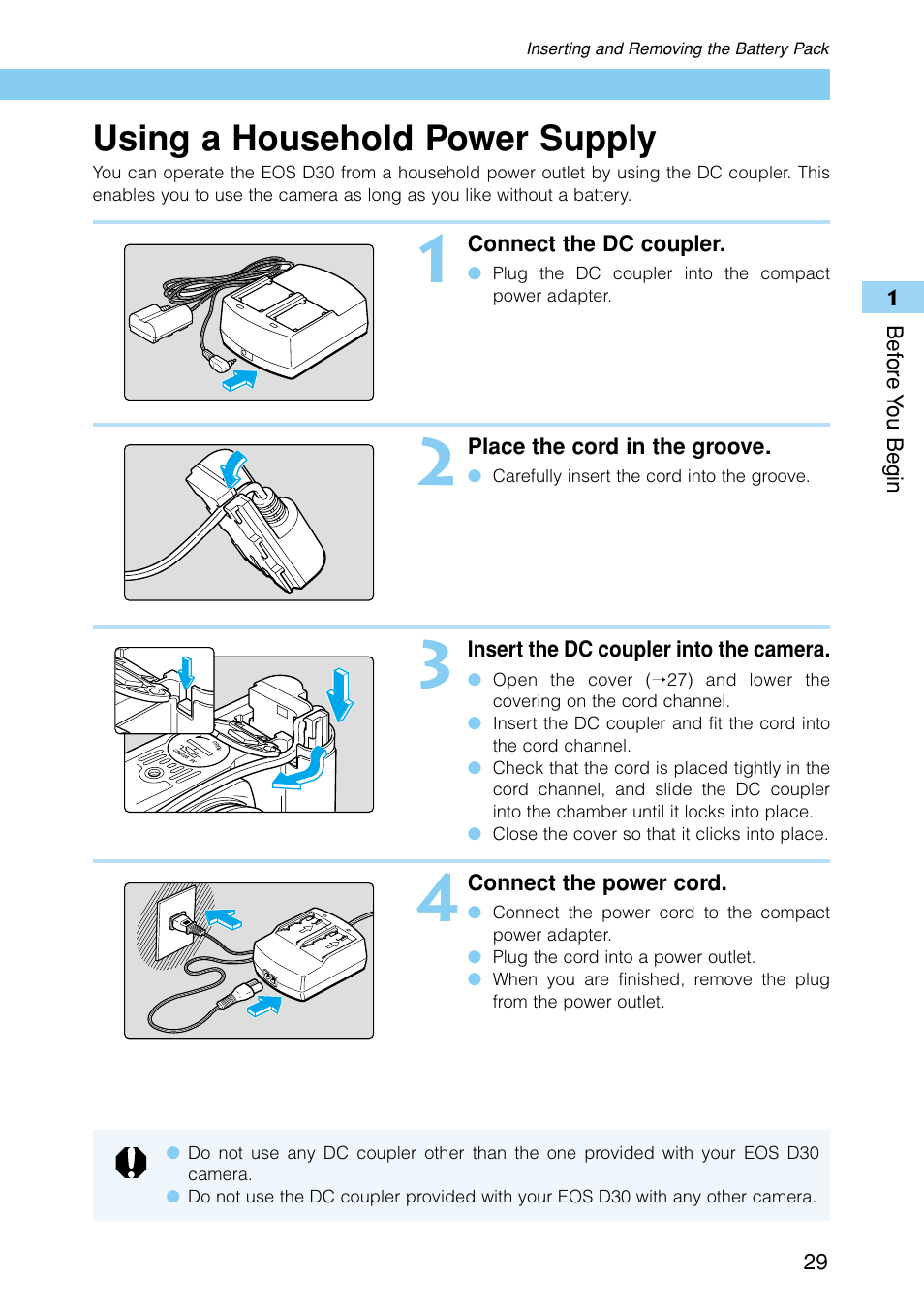Using a household power supply | Canon EOS D30 User Manual | Page 29 / 152
