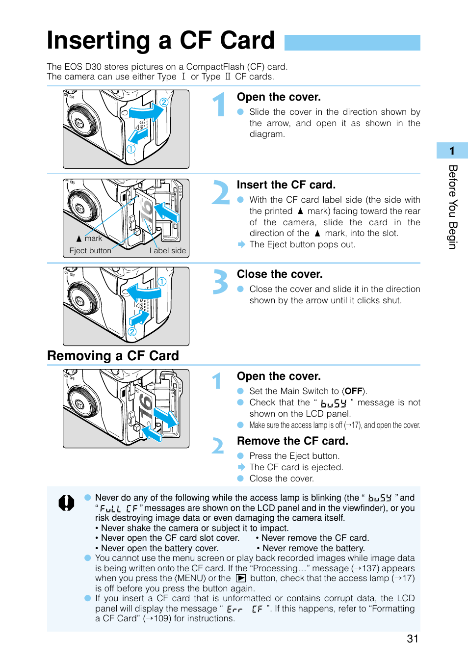 Inserting a cf card, Removing a cf card | Canon EOS D30 User Manual | Page 31 / 152