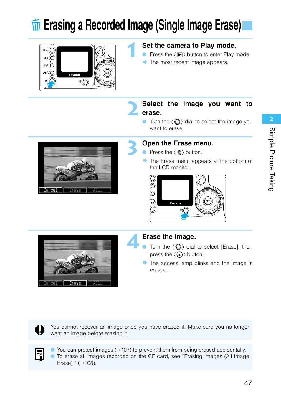 Erasing a recorded image (single image erase), Erasing a recorded image, Single image erase) | Canon EOS D30 User Manual | Page 47 / 152