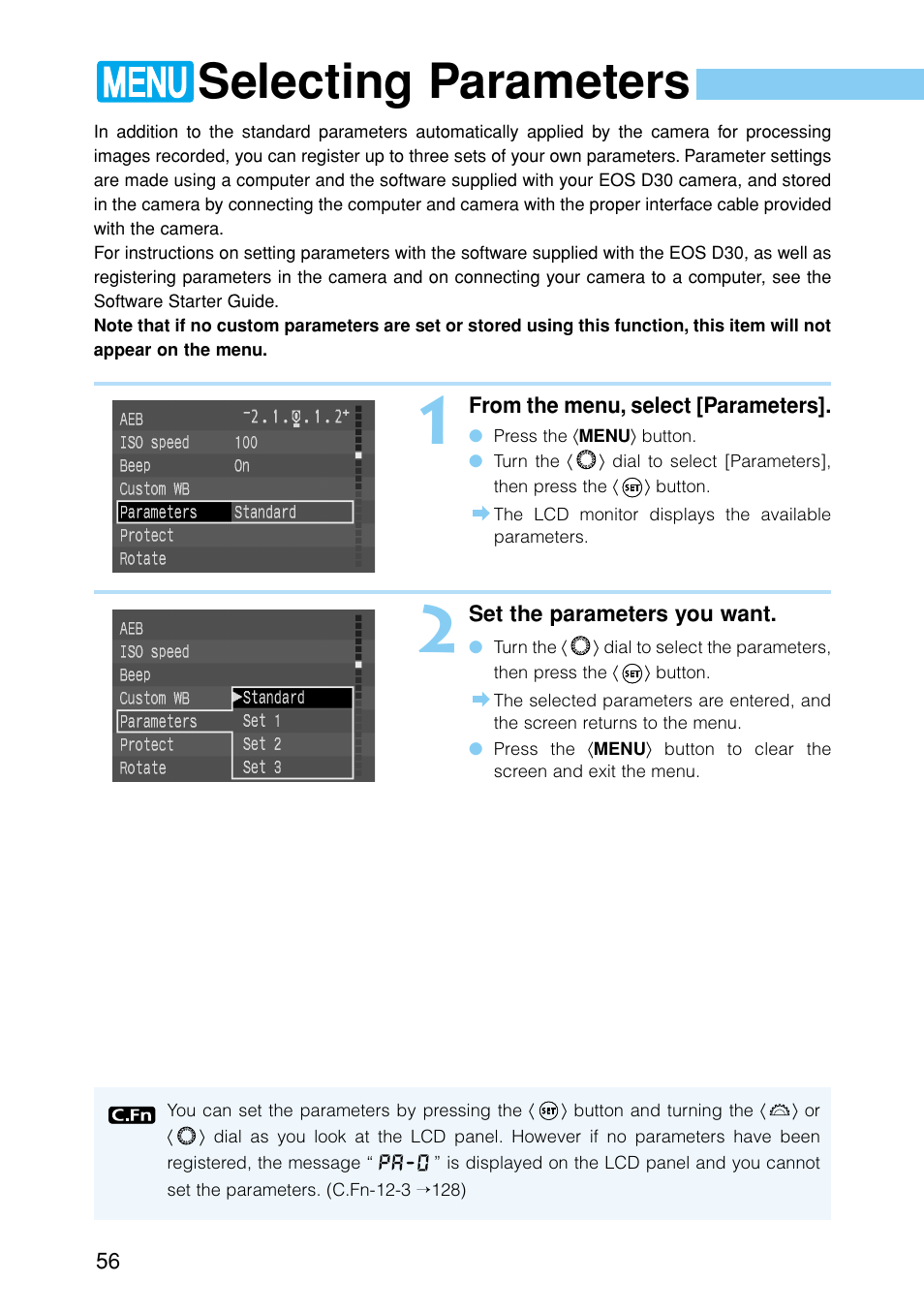 Selecting parameters, Parameters | Canon EOS D30 User Manual | Page 56 / 152