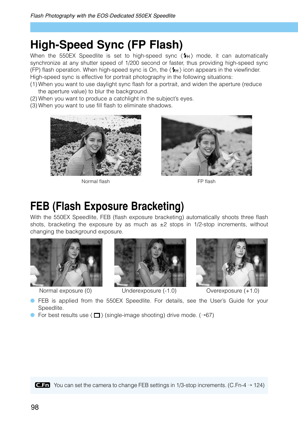 Feb (flash exposure bracketing), High-speed sync (fp flash) | Canon EOS D30 User Manual | Page 98 / 152