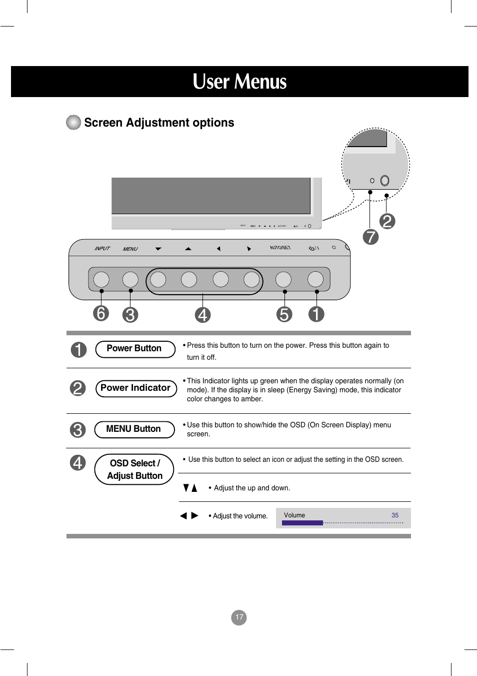 User menus, Screen adjustment options | LG M3202C-BA User Manual | Page 18 / 68