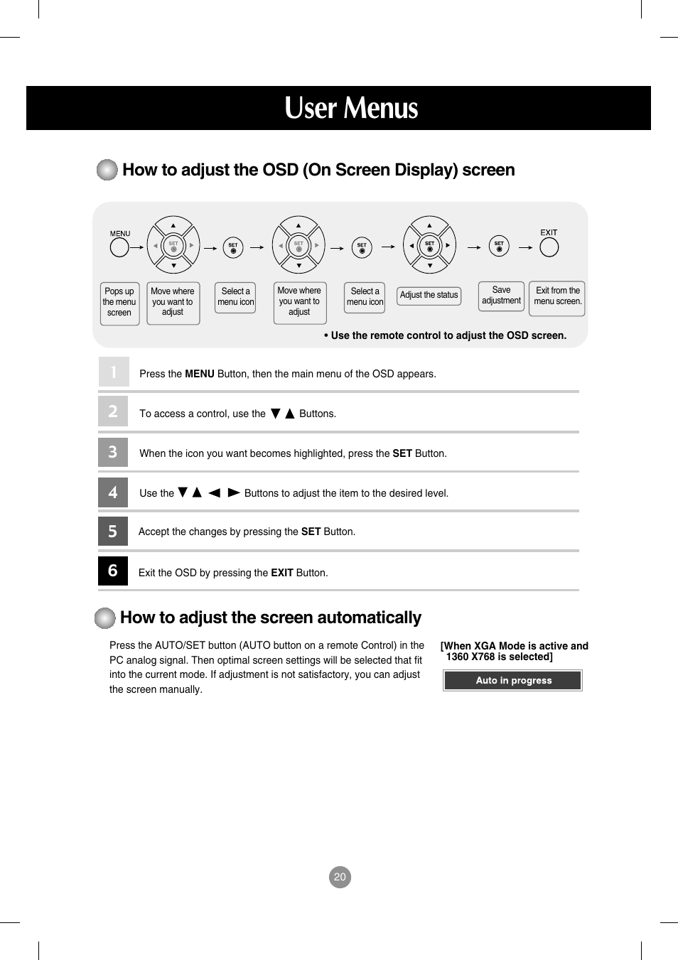 How to adjust the osd (on screen display) screen, How to adjust the screen automatically, User menus | LG M3202C-BA User Manual | Page 21 / 68