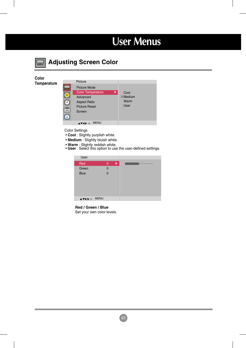 User menus, Adjusting screen color | LG M3202C-BA User Manual | Page 23 / 68