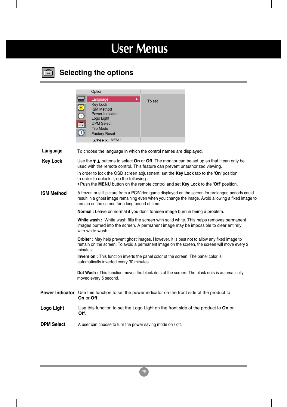 Selecting the options, User menus | LG M3202C-BA User Manual | Page 29 / 68
