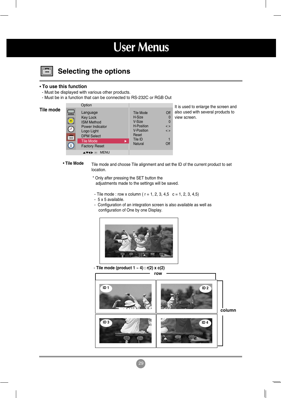User menus, Selecting the options | LG M3202C-BA User Manual | Page 30 / 68
