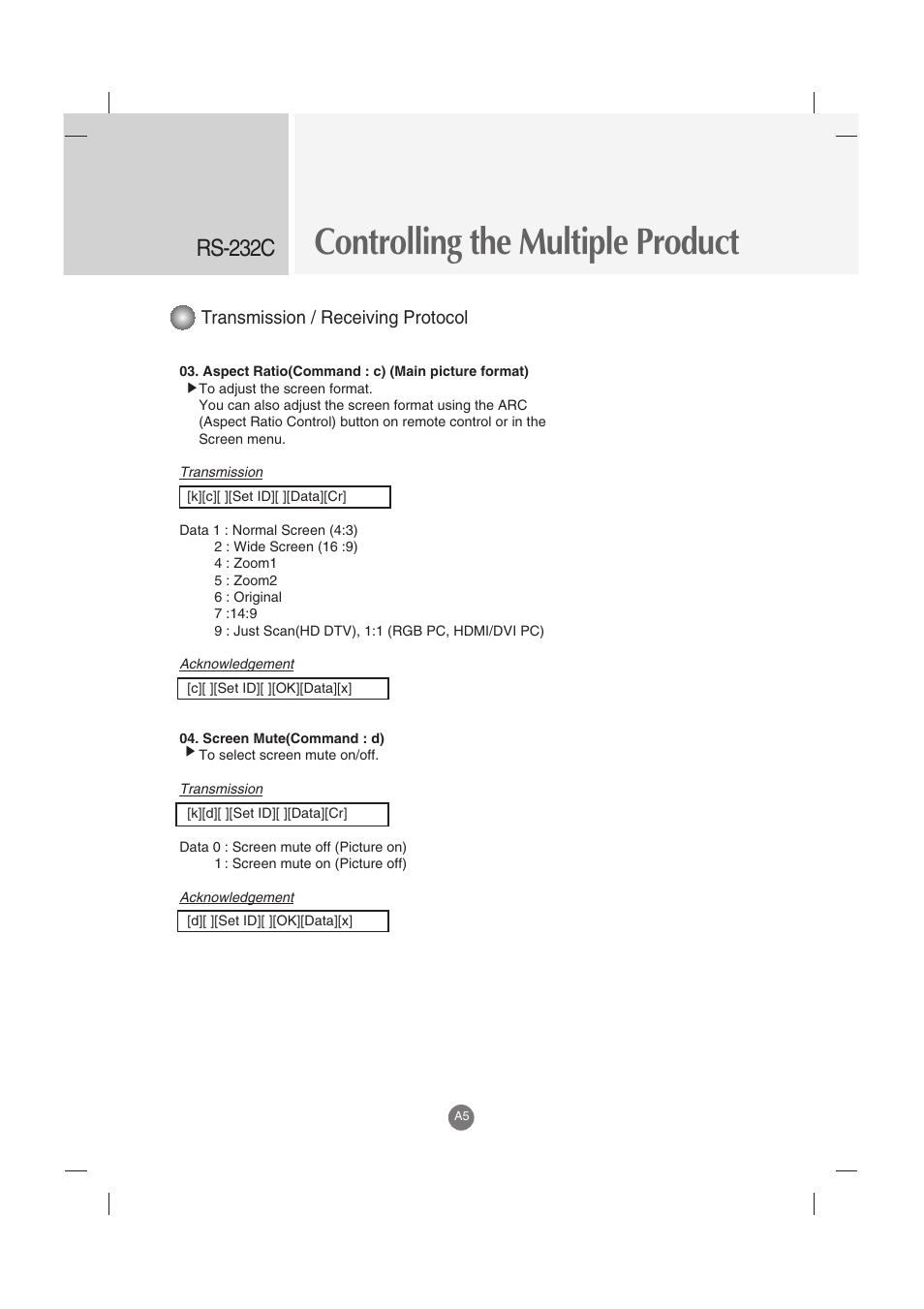 Controlling the multiple product, Rs-232c, Transmission / receiving protocol | LG M3202C-BA User Manual | Page 45 / 68