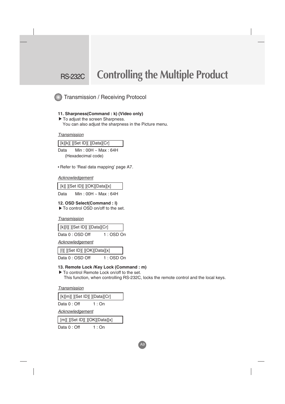 Controlling the multiple product, Rs-232c, Transmission / receiving protocol | LG M3202C-BA User Manual | Page 49 / 68