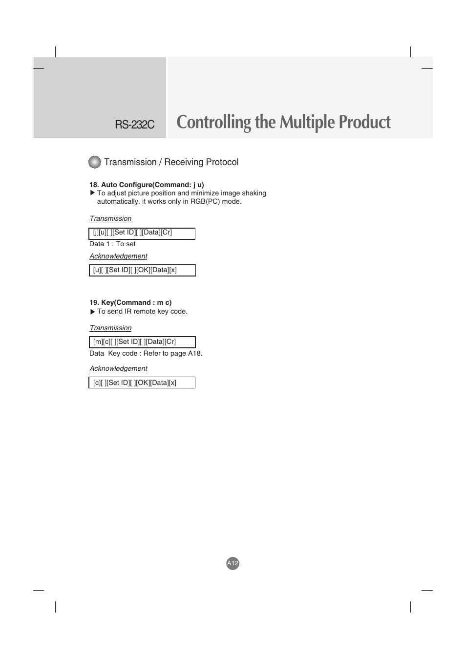 Controlling the multiple product, Rs-232c, Transmission / receiving protocol | LG M3202C-BA User Manual | Page 52 / 68