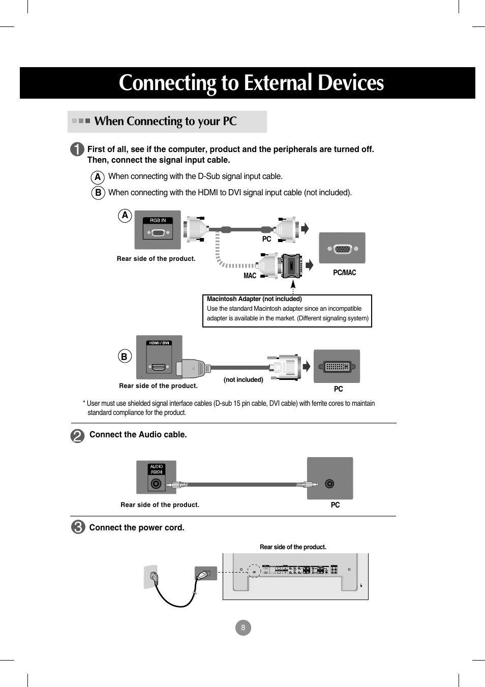 Connecting to external devices, When connecting to your pc | LG M3202C-BA User Manual | Page 9 / 68