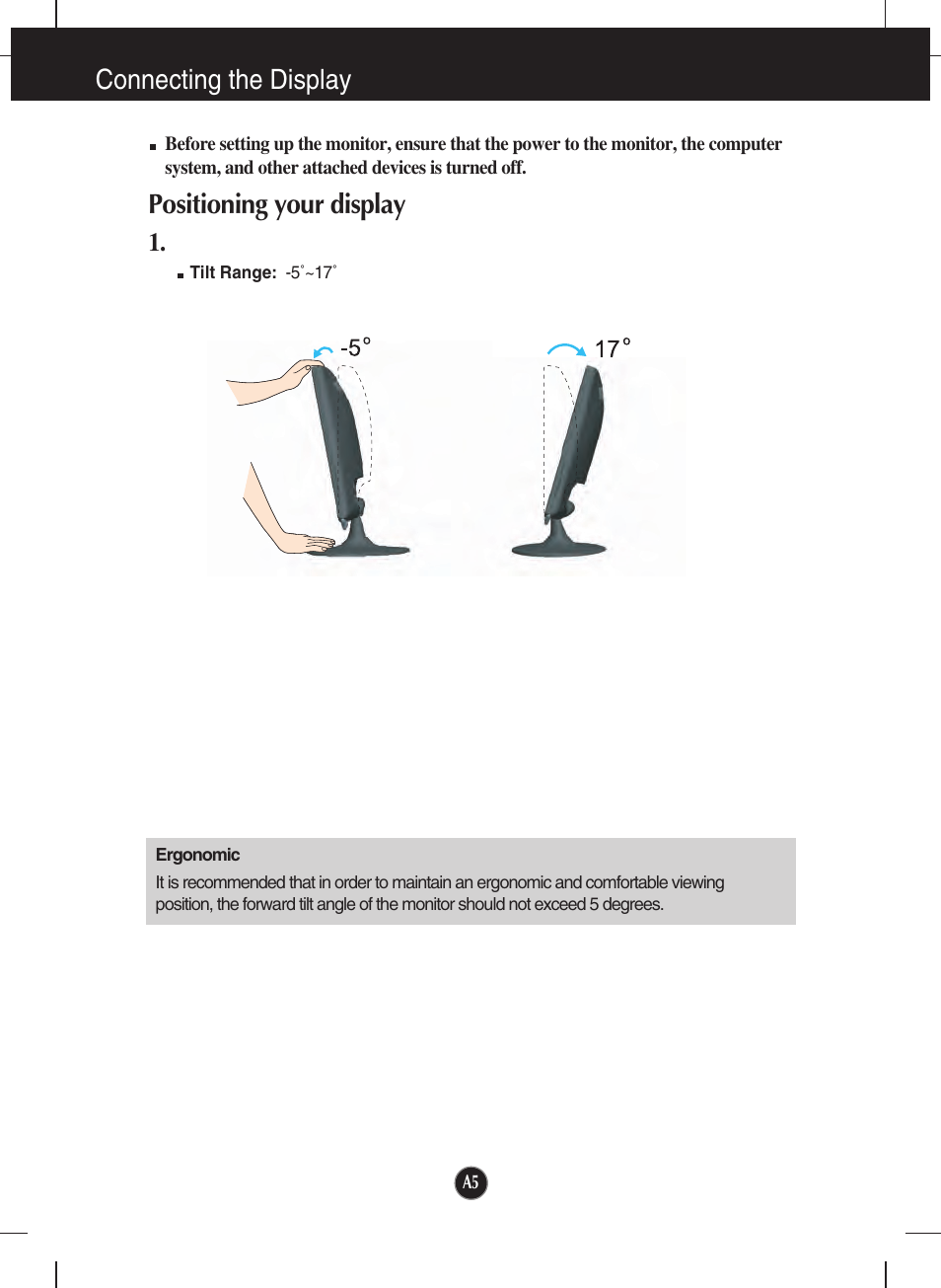Positioning your display, Connecting the display | LG W2361V-PF User Manual | Page 6 / 29