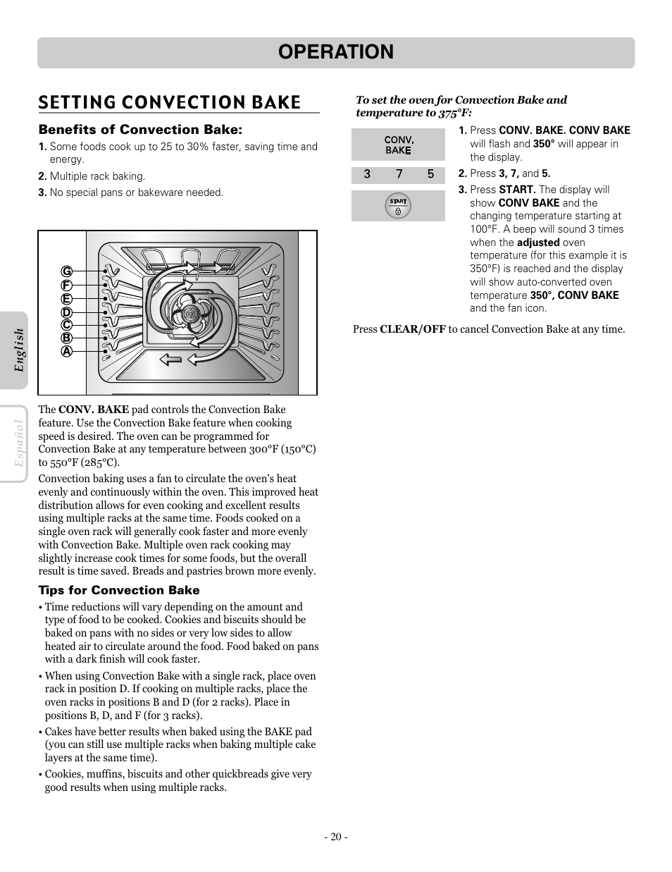Operation, Setting convection bake | LG LRE30451ST User Manual | Page 20 / 34