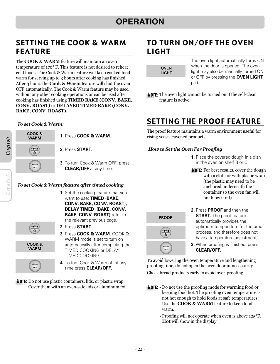 Operation, Setting the proof feature | LG LRE30451ST User Manual | Page 22 / 34