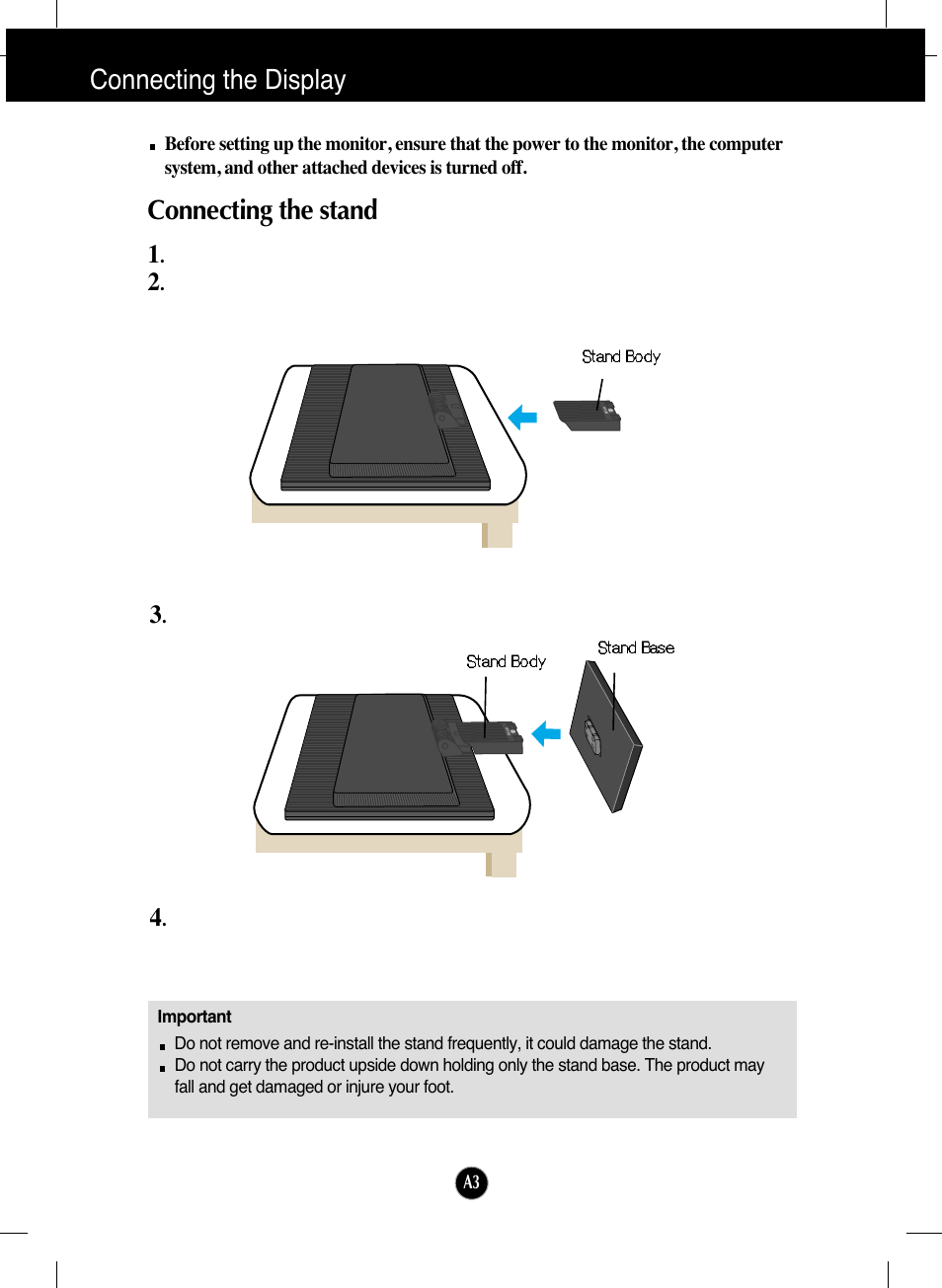 Connecting the display, Connecting the stand | LG L192WS-SN User Manual | Page 4 / 24