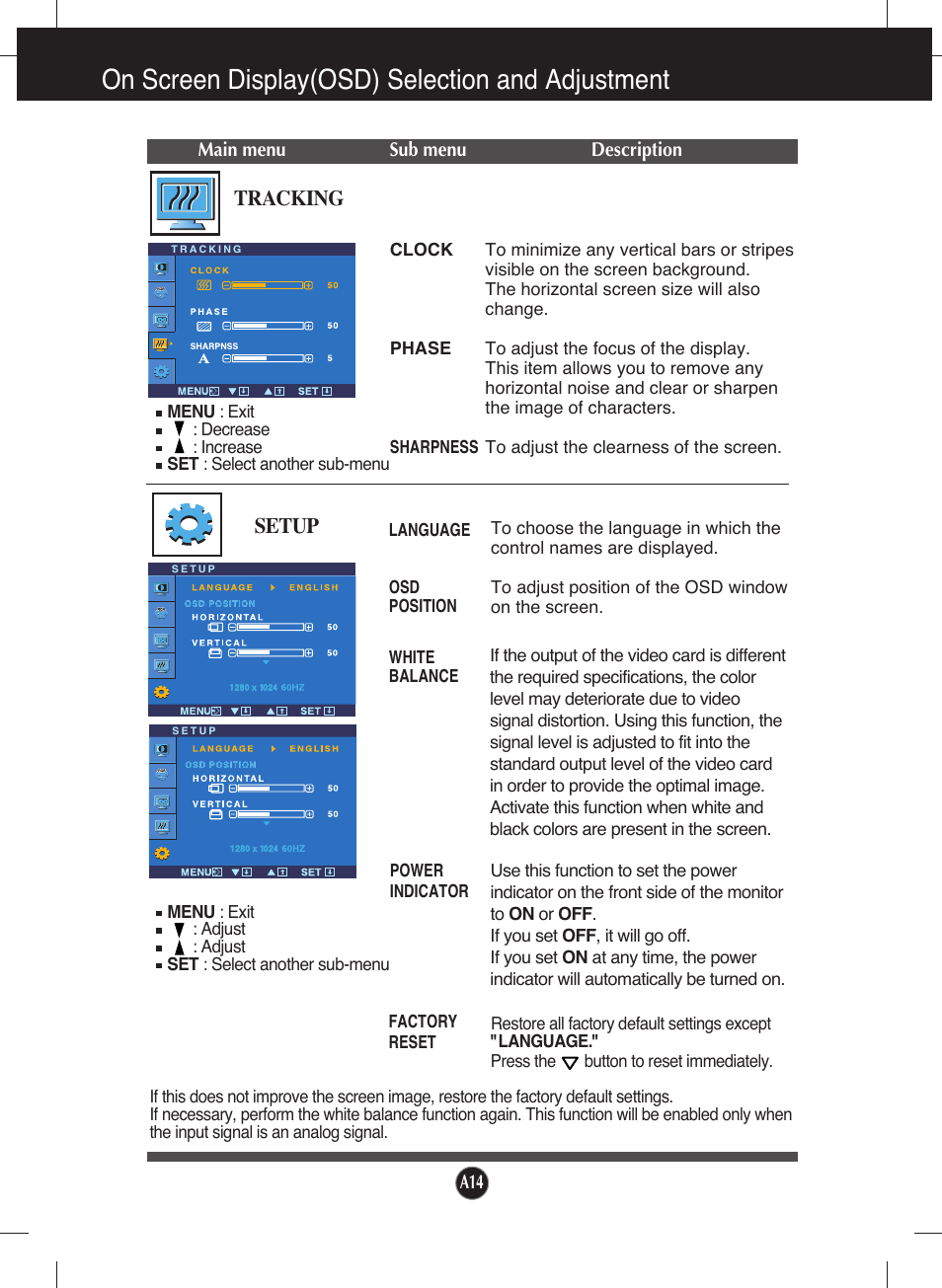 Tracking, Setup, On screen display(osd) selection and adjustment | LG L1753S-SF User Manual | Page 15 / 25