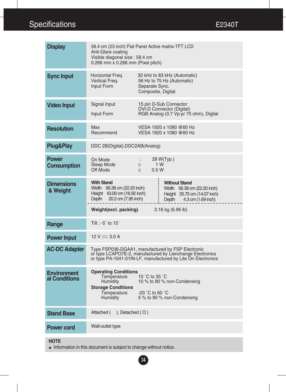 E2340t, Specifications | LG E1940S-PN User Manual | Page 35 / 39