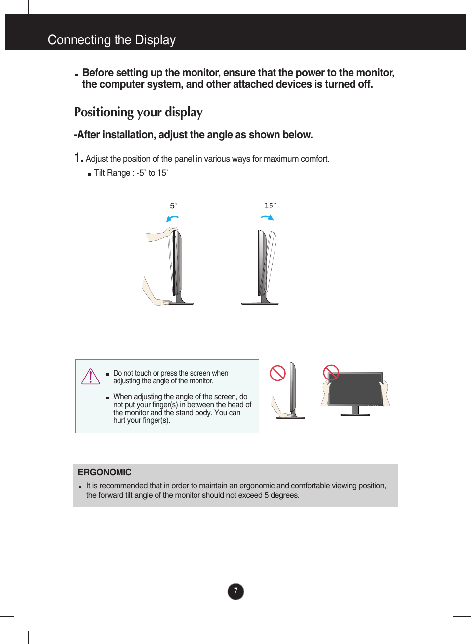 Positioning your display, Connecting the display | LG E1940S-PN User Manual | Page 8 / 39