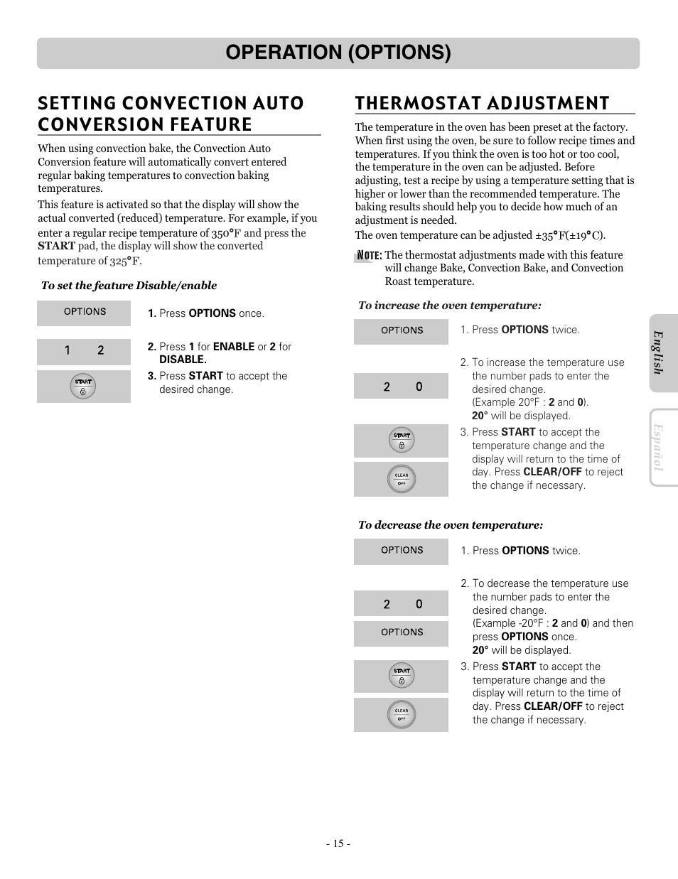 Operation (options), Setting convection auto conversion feature, Thermostat adjustment | LG LRE30755SW User Manual | Page 15 / 36