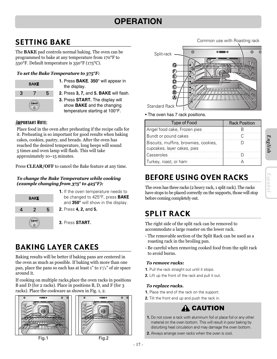 Operation, Set t in g b ake, Baking layer cakes | Before using oven racks, Caution | LG LRE30755SW User Manual | Page 17 / 36