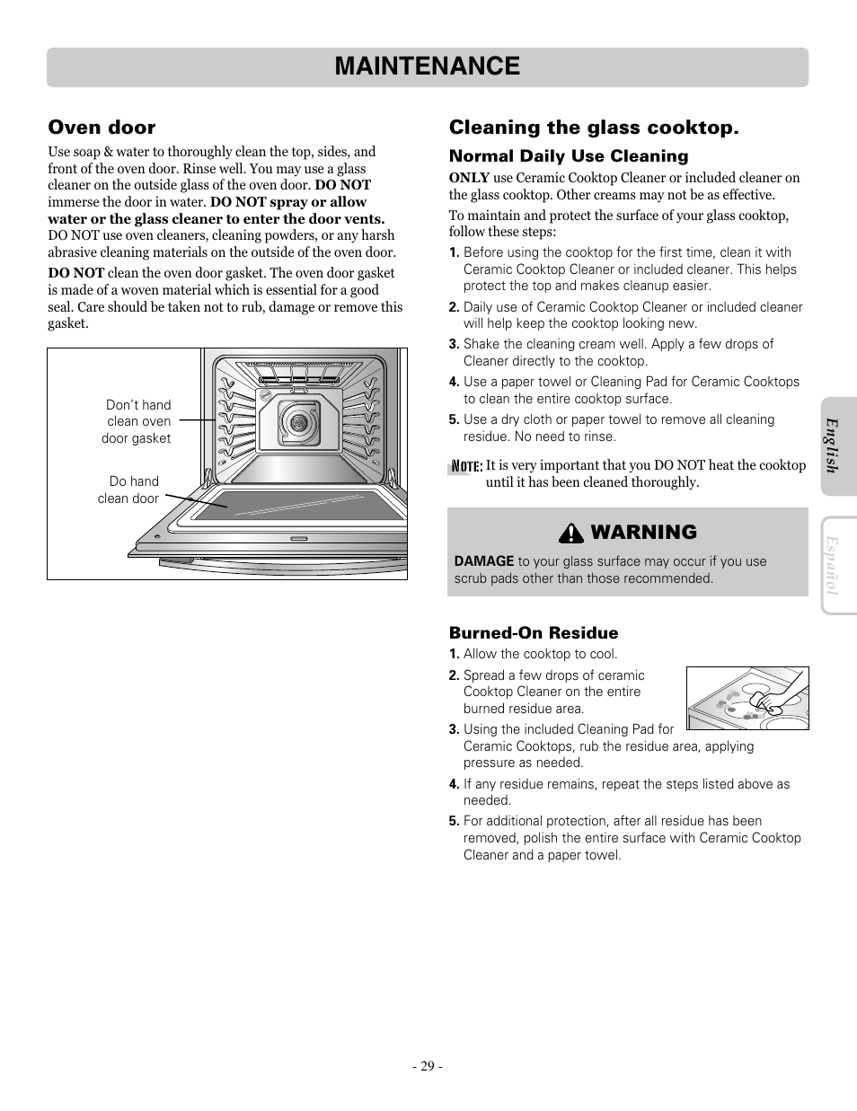 Maintenance, Oven door, Cleaning the glass cooktop | Warning | LG LRE30755SW User Manual | Page 29 / 36