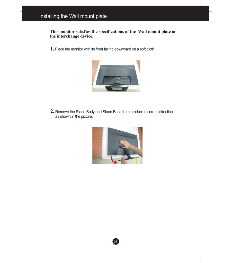 Installing the wall mount plate | LG E2341V-BN User Manual | Page 26 / 28