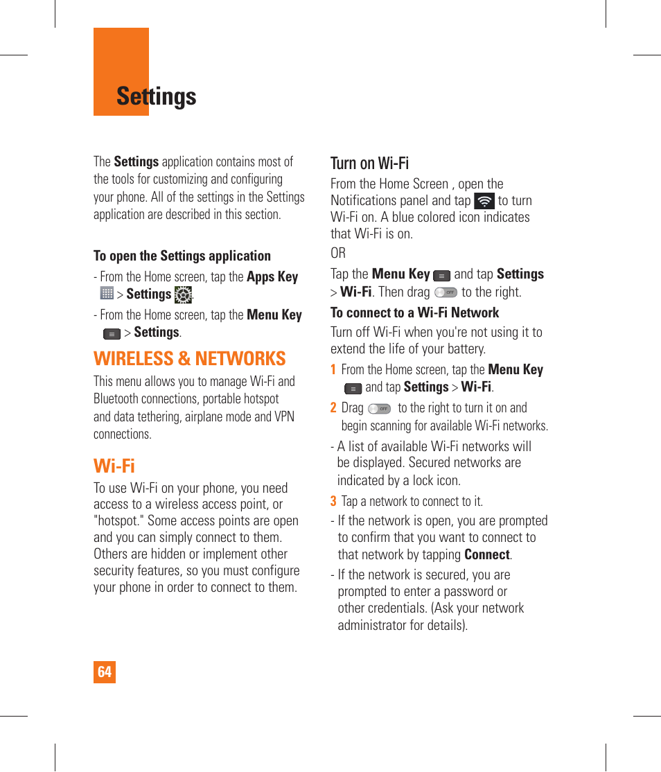 Settings, Wireless & networks, Wi-fi | Bluetooth, Data usage, Airplane mode | LG P870 User Manual | Page 64 / 110