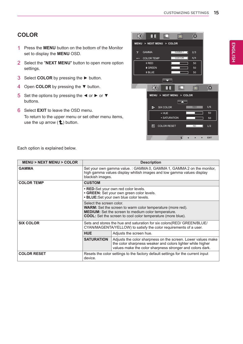 Color, English | LG 27EA83R-D User Manual | Page 15 / 26