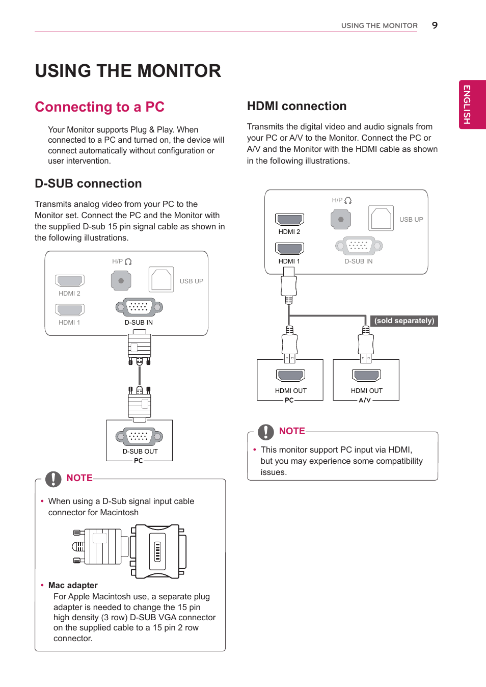 Using the monitor, Connecting to a pc, D-sub connection | Hdmi connection, English | LG 27EA83R-D User Manual | Page 9 / 26