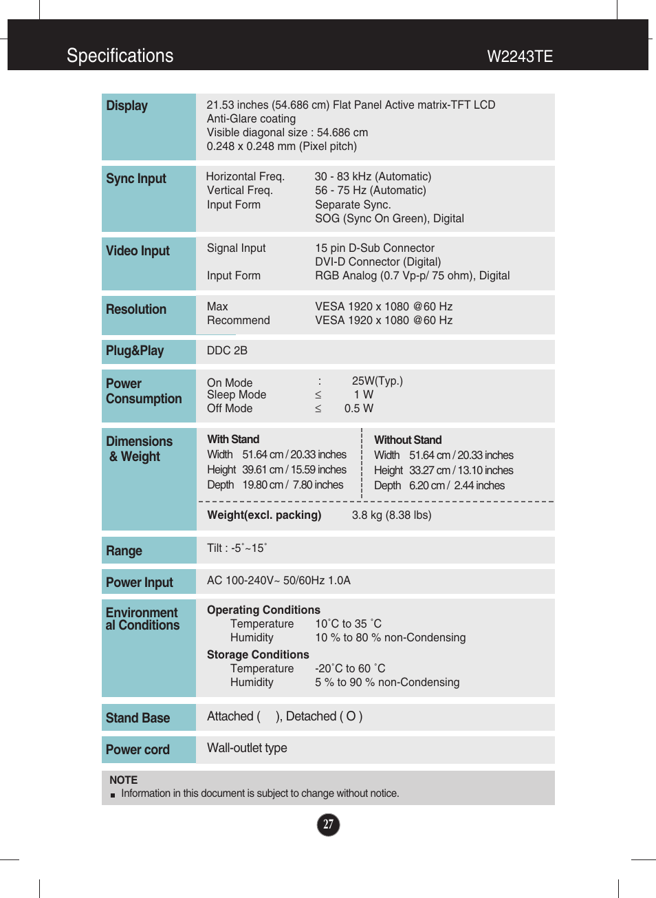 W2243te, Specifications | LG W2043SE-PF User Manual | Page 28 / 34