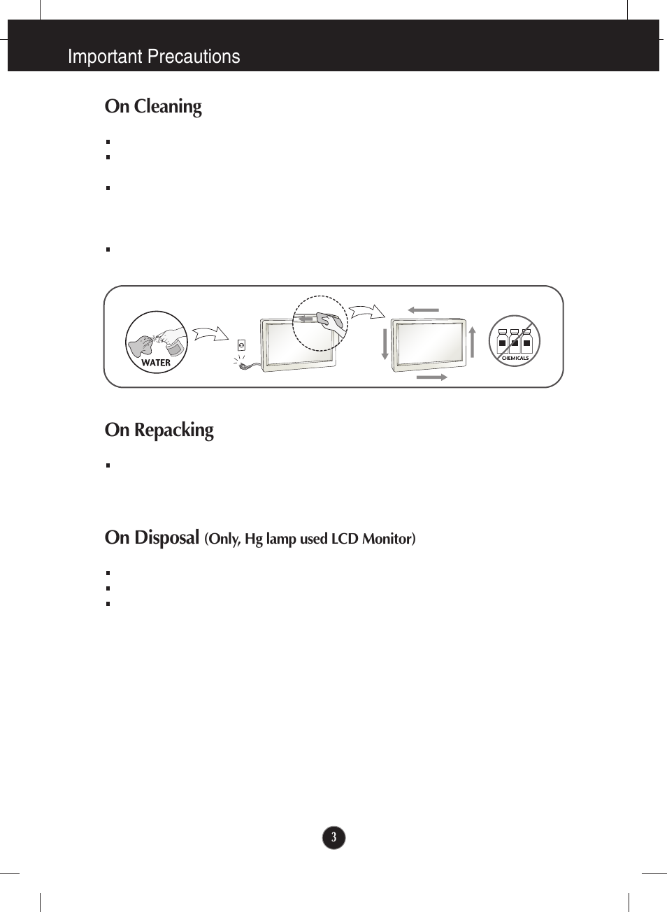 On cleaning, On repacking, On disposal (only, hg lamp used lcd monitor) | Important precautions, On disposal | LG W2043SE-PF User Manual | Page 4 / 34