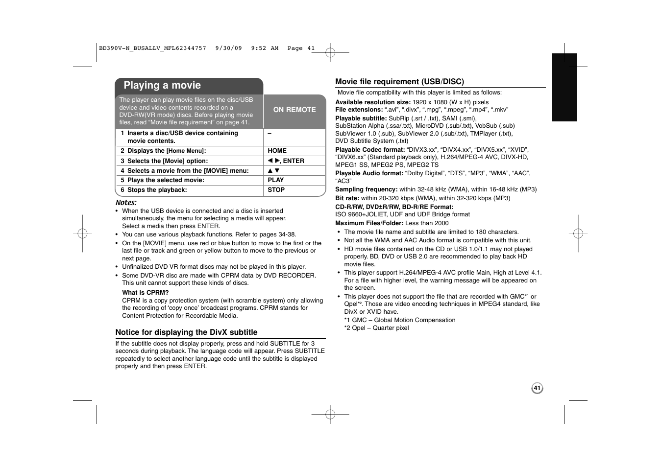 Playing a movie | LG BD390 User Manual | Page 41 / 76