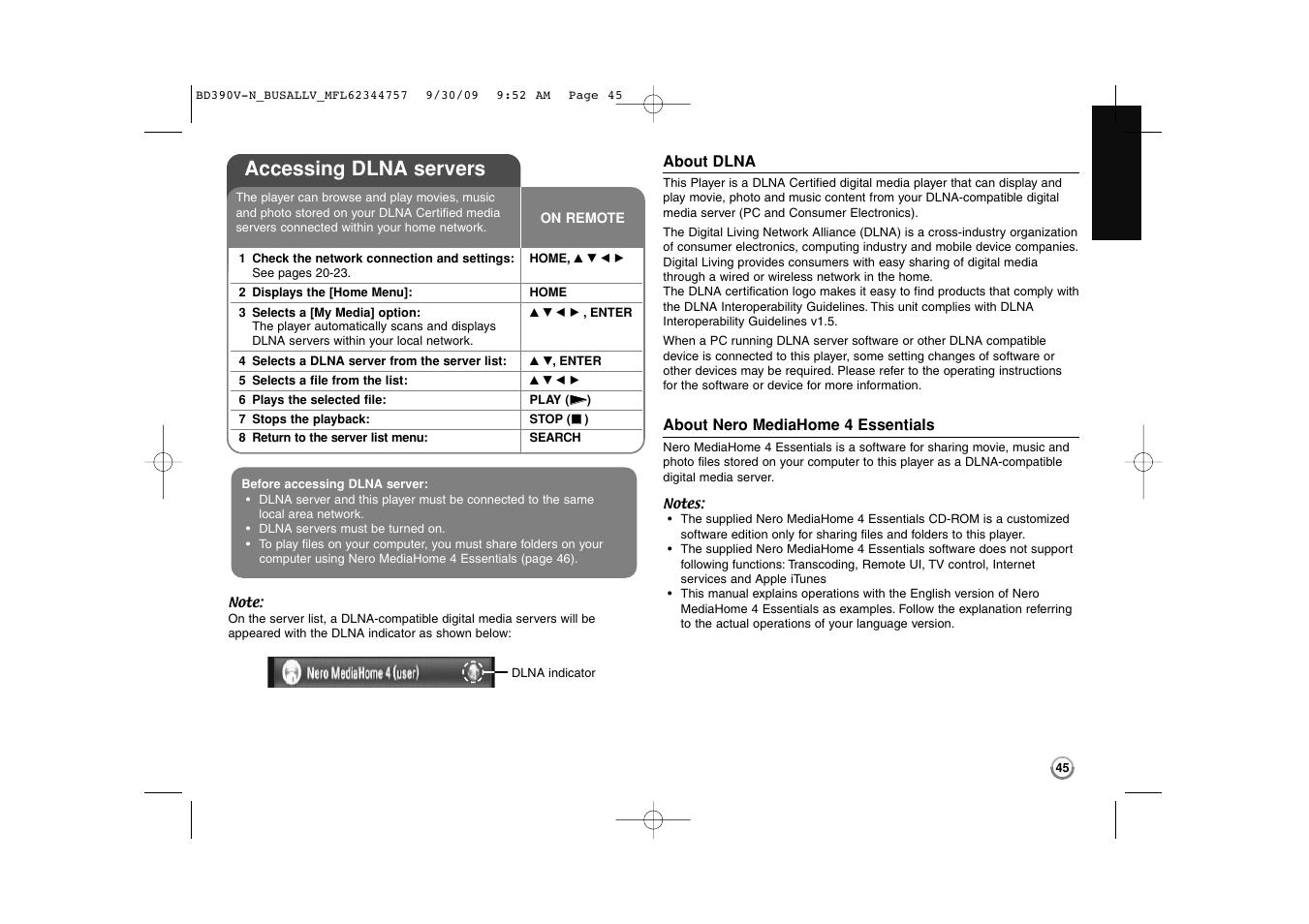 Accessing dlna servers | LG BD390 User Manual | Page 45 / 76