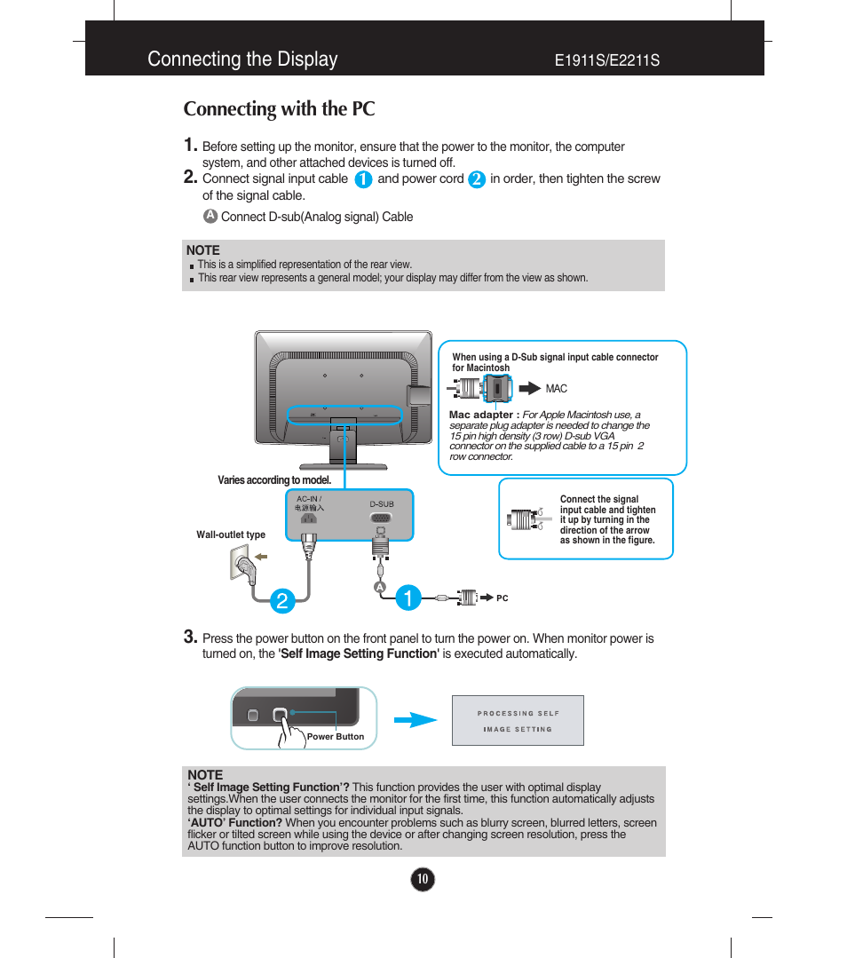 E1911s/e2211s, Connecting the display, Connecting with the pc | LG E2211T-BN User Manual | Page 11 / 33
