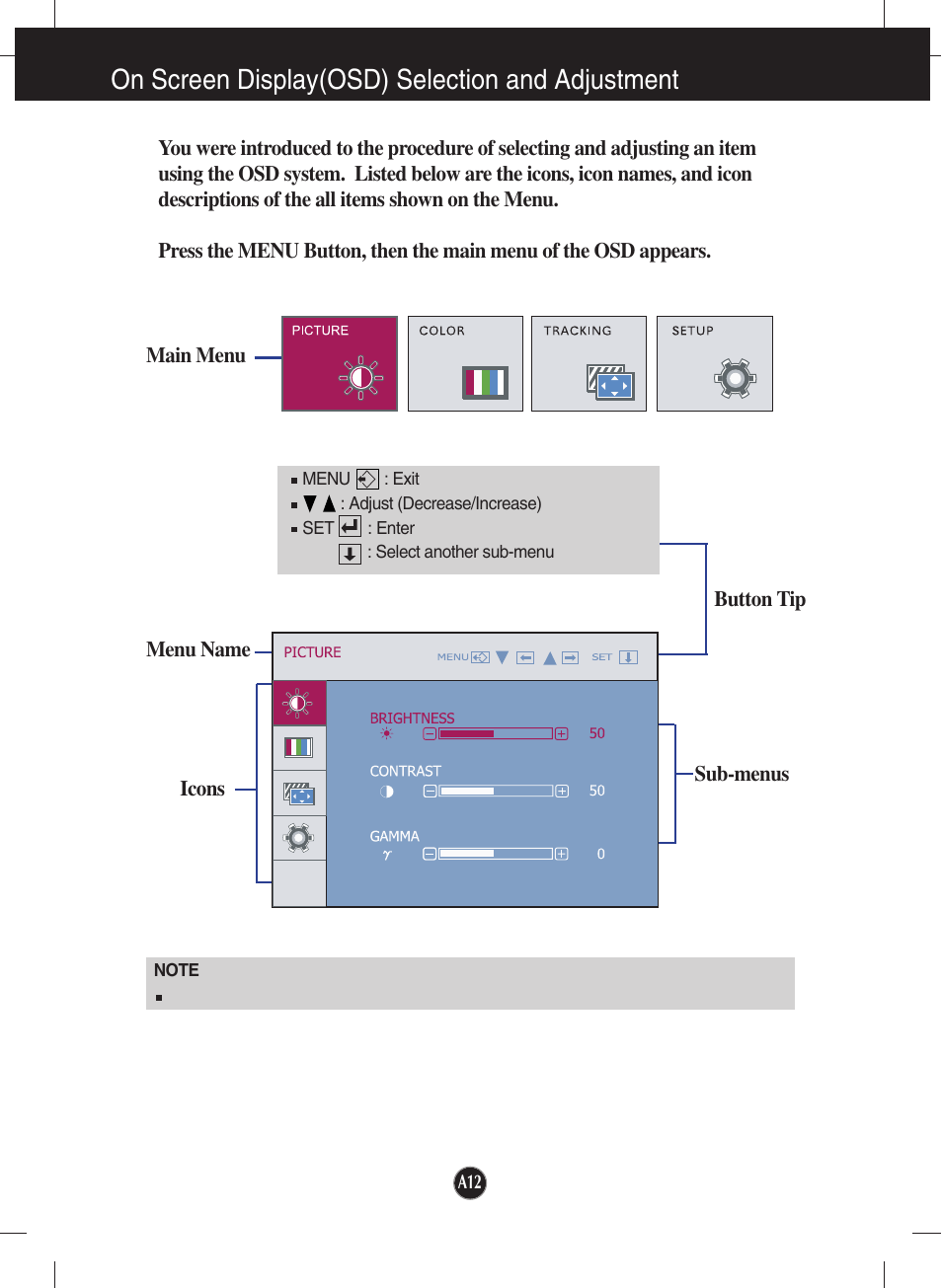 On screen display(osd) selection and adjustment | LG W2242P-BS User Manual | Page 13 / 26