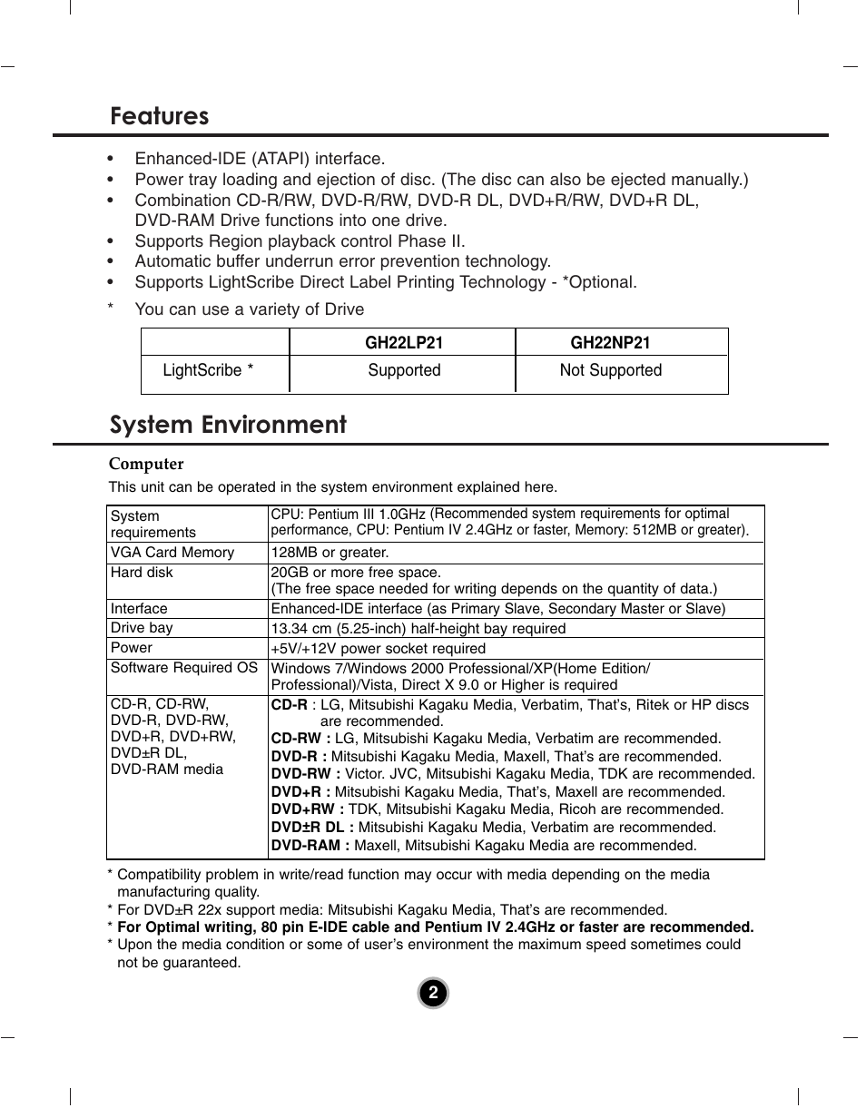 Features system environment | LG GH22NP21 User Manual | Page 5 / 14